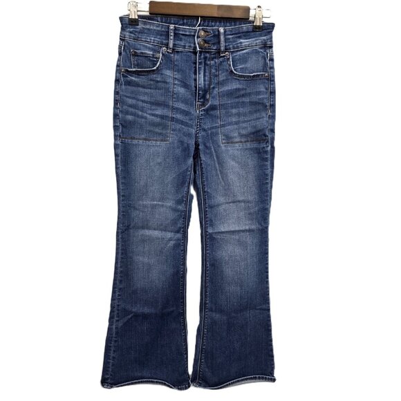 American Eagle Jeans Womens 4 Short Highest Rise Flare Blue Stretch Denim Hippie - Picture 1 of 15
